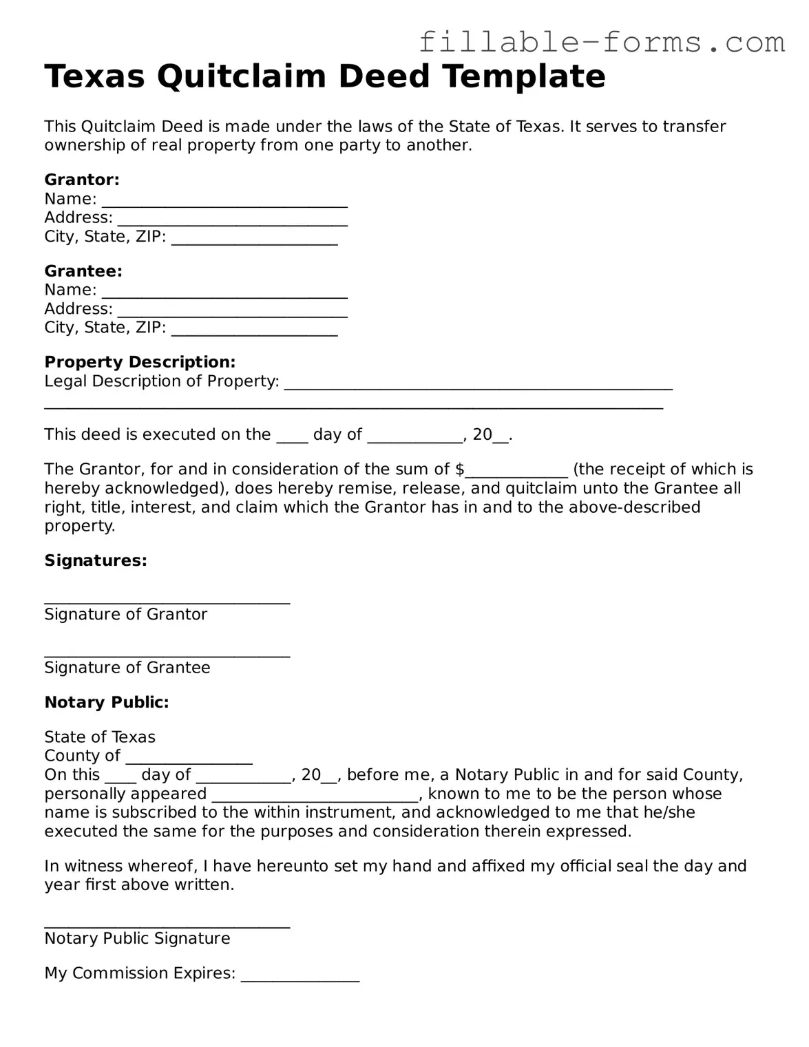Printable  Quitclaim Deed Form for Texas