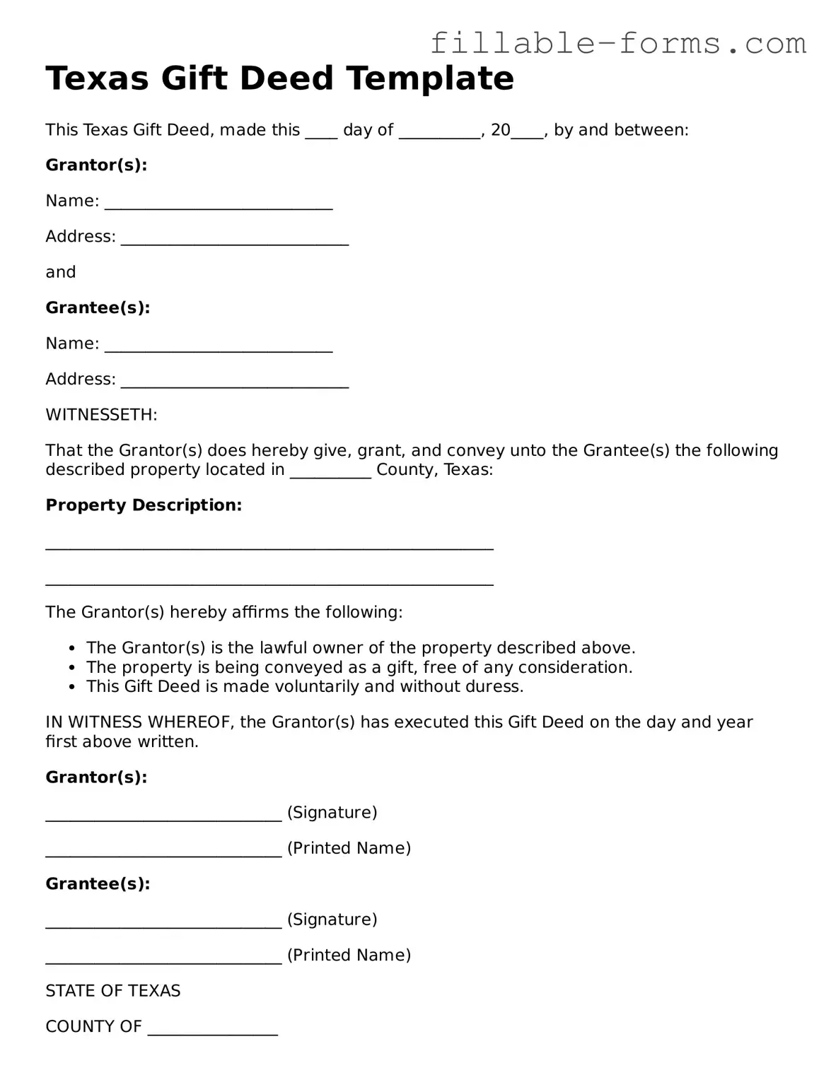 Printable  Gift Deed Form for Texas