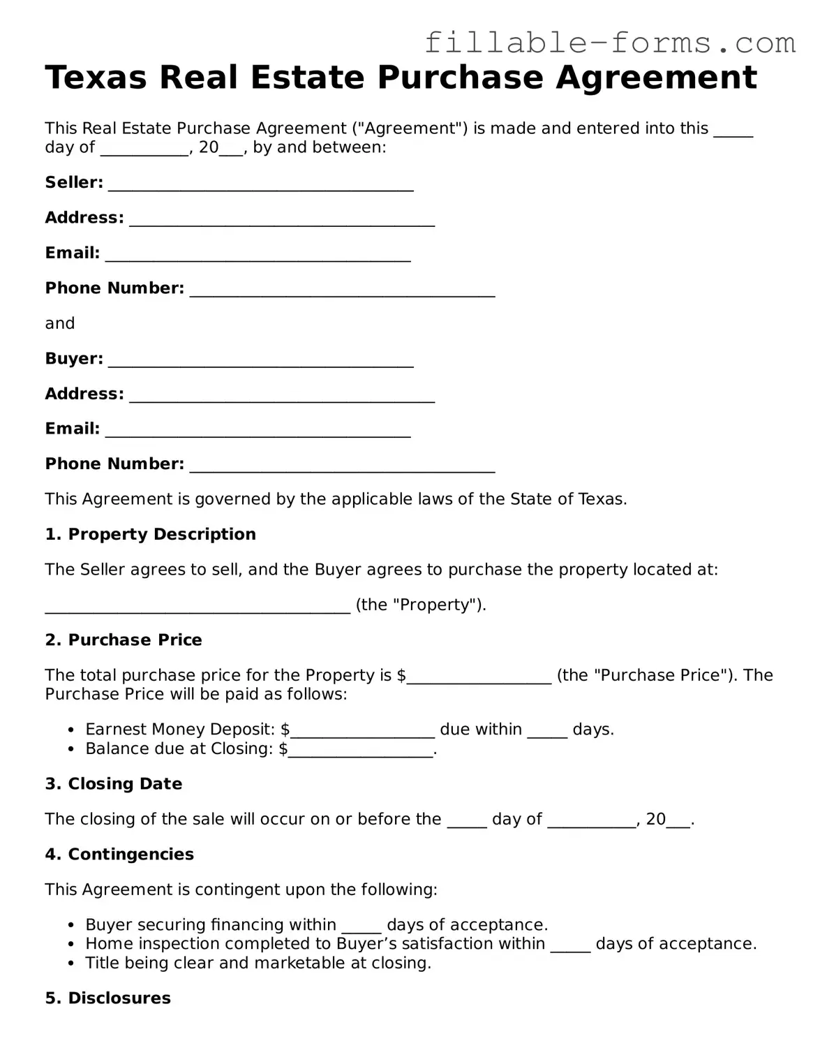 Printable  Real Estate Purchase Agreement Form for Texas