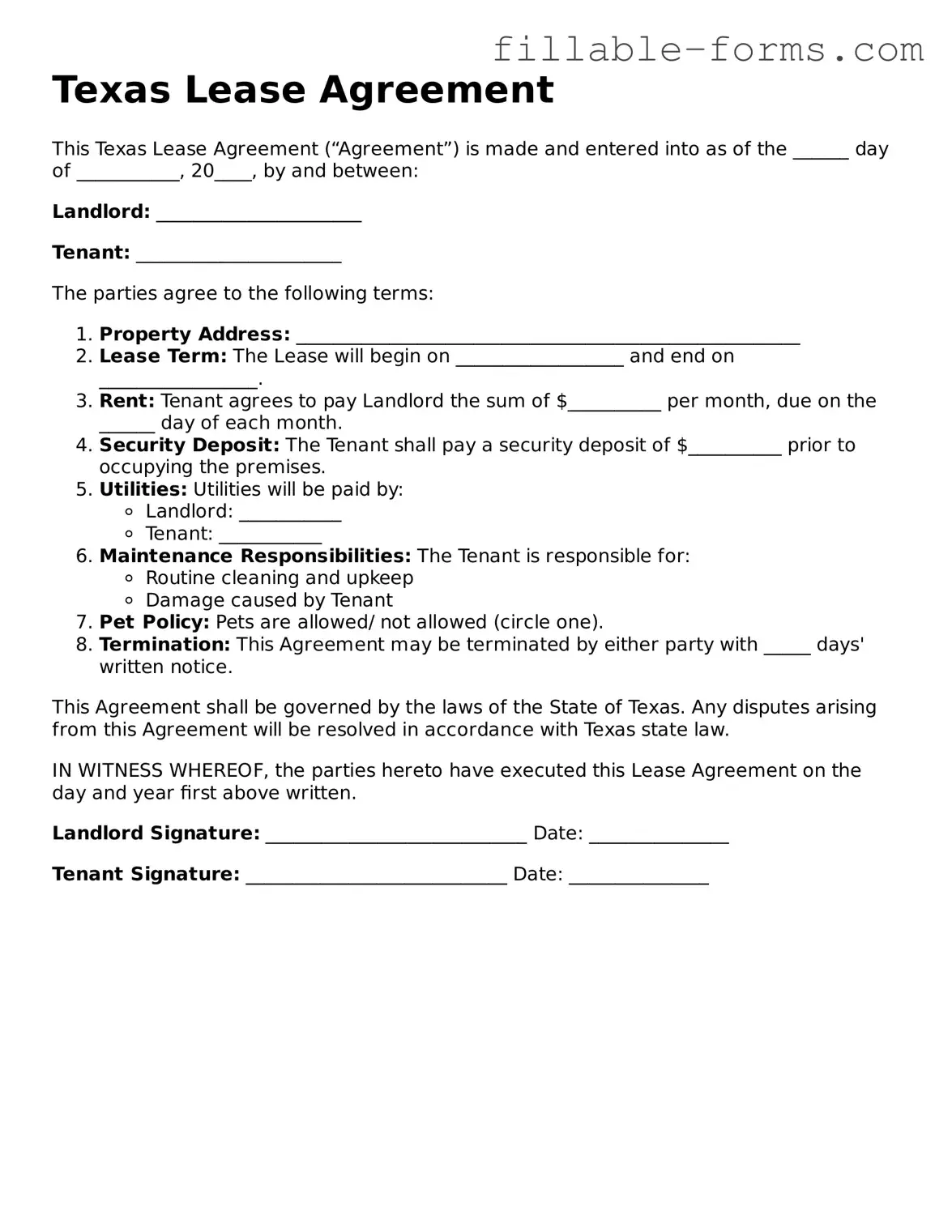 Printable  Lease Agreement Form for Texas