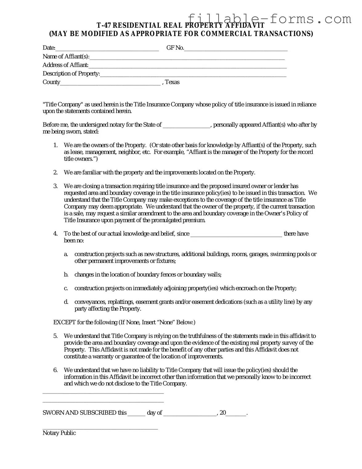 Fill Out a Valid Texas residential property affidavit T-47 Template