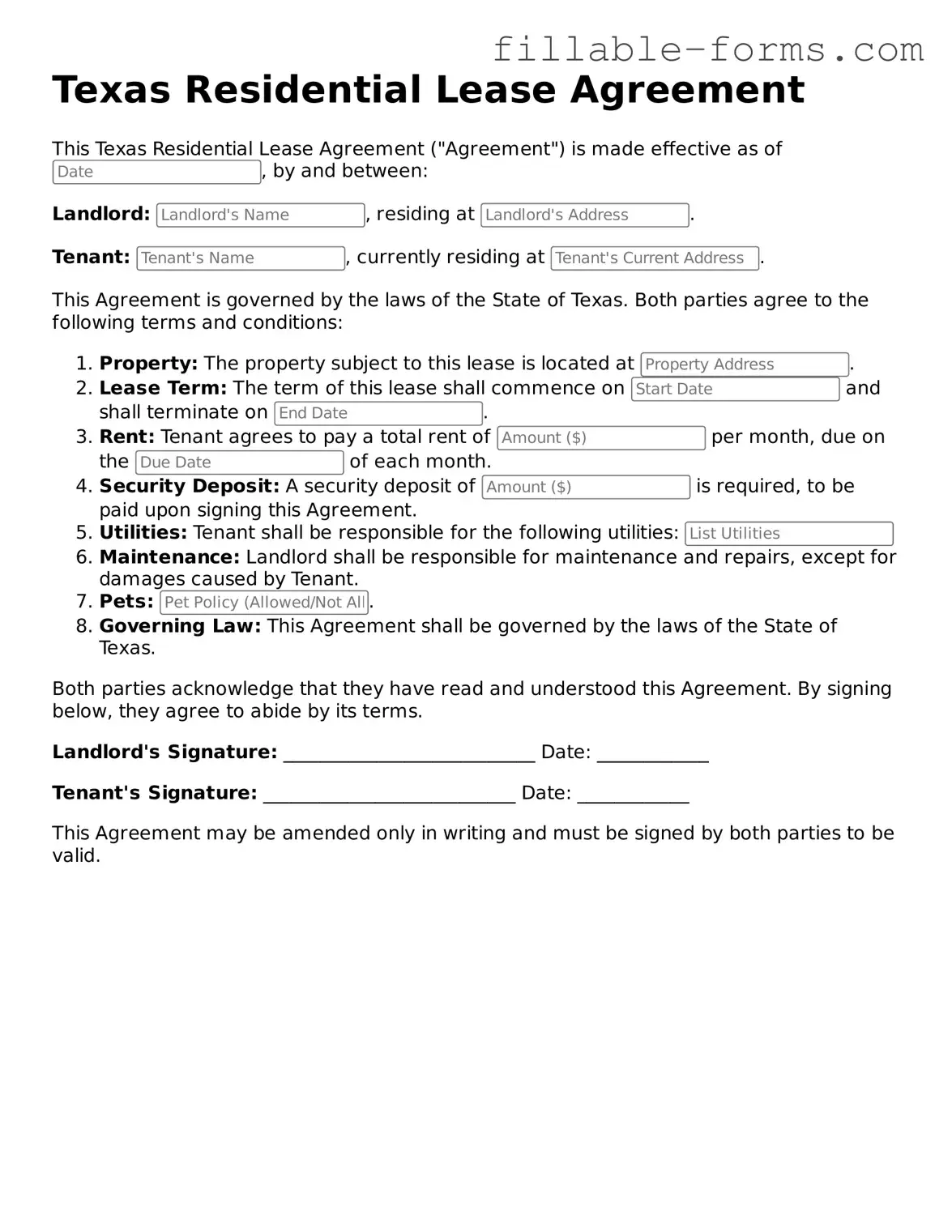 Printable  Residential Lease Agreement Form for Texas