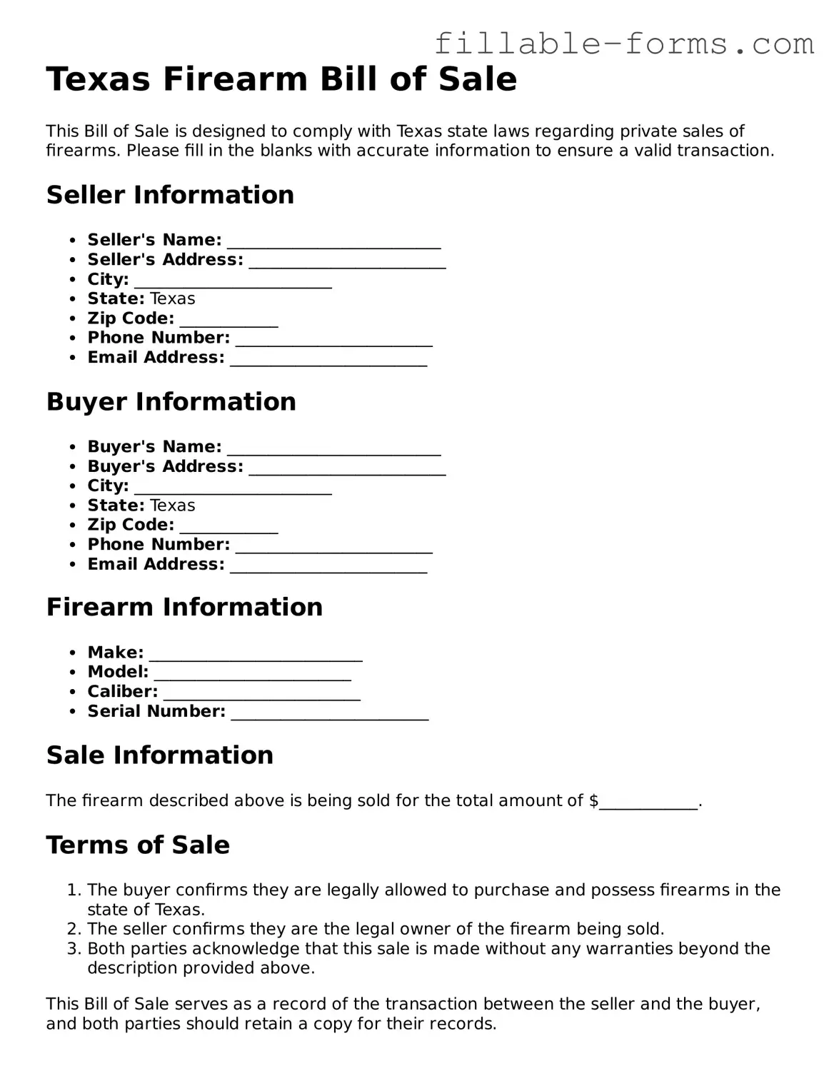Printable  Firearm Bill of Sale Form for Texas