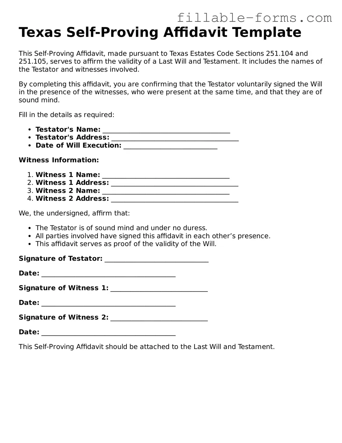 Printable  Self-Proving Affidavit Form for Texas