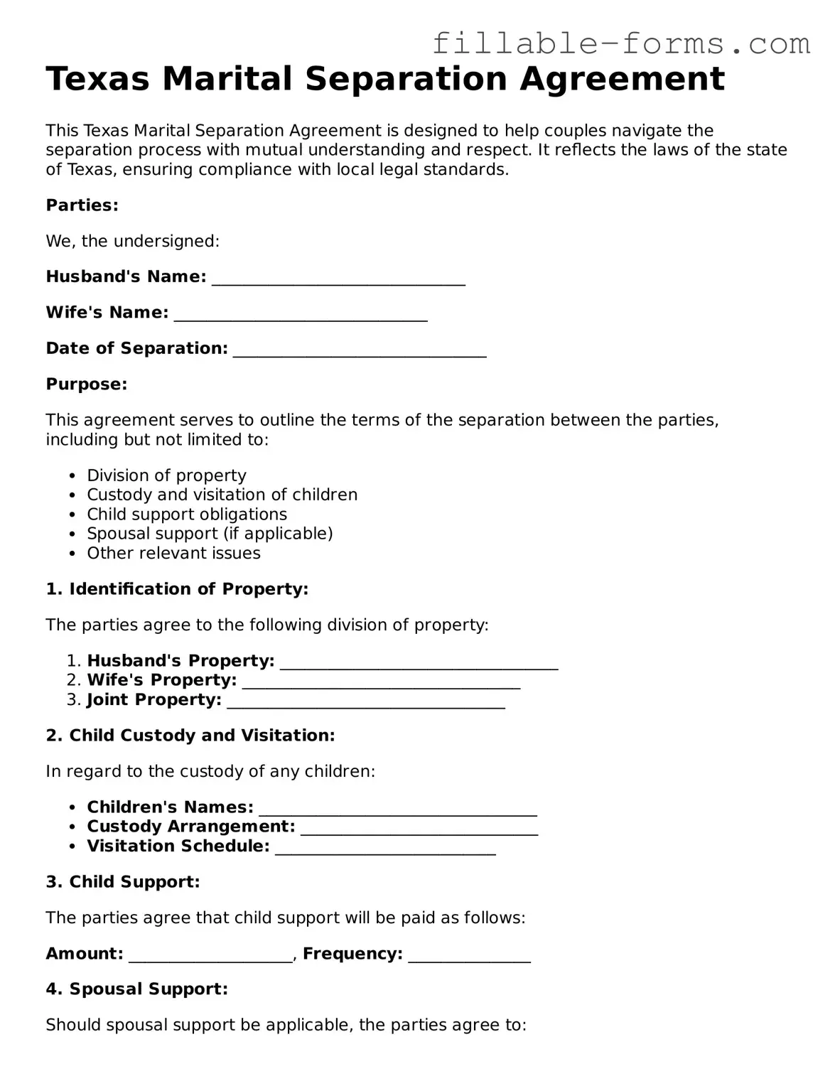 Printable  Marital Separation Agreement Form for Texas