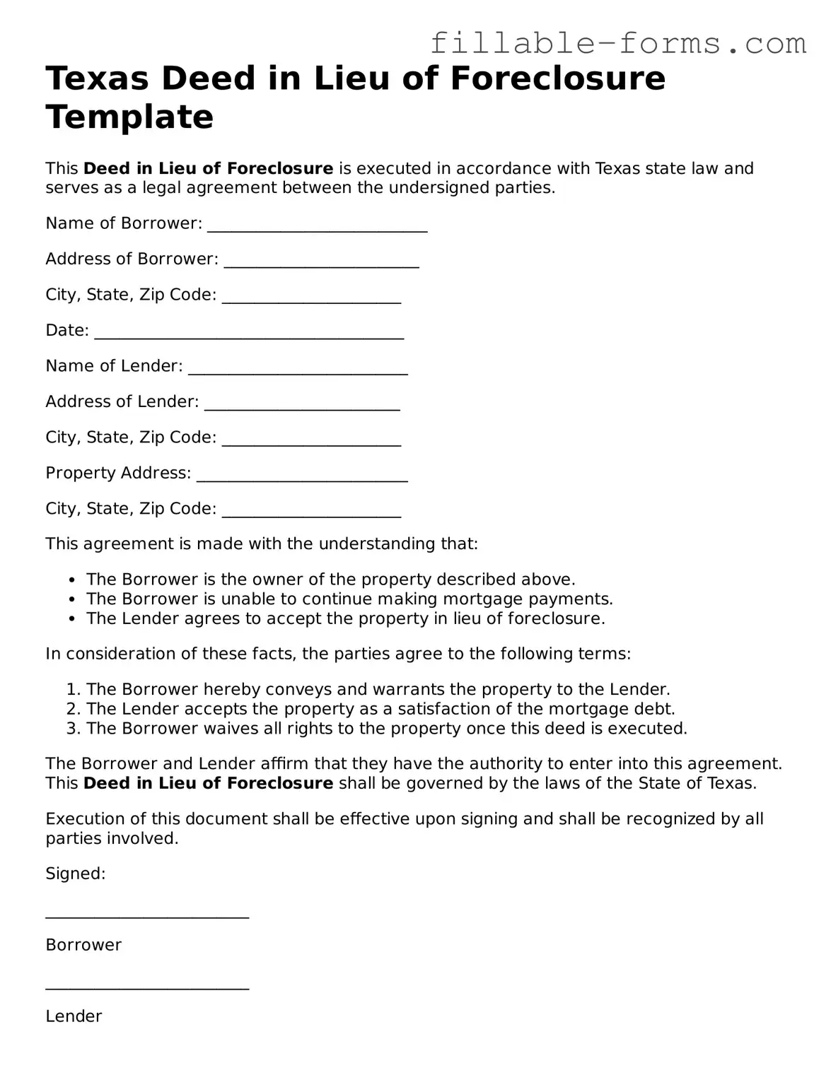 Printable  Deed in Lieu of Foreclosure Form for Texas