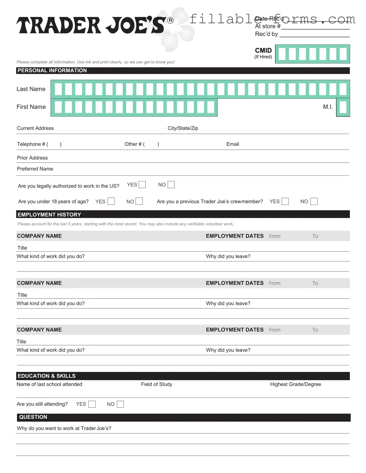 Fill Out a Valid Trader Joe's application Template
