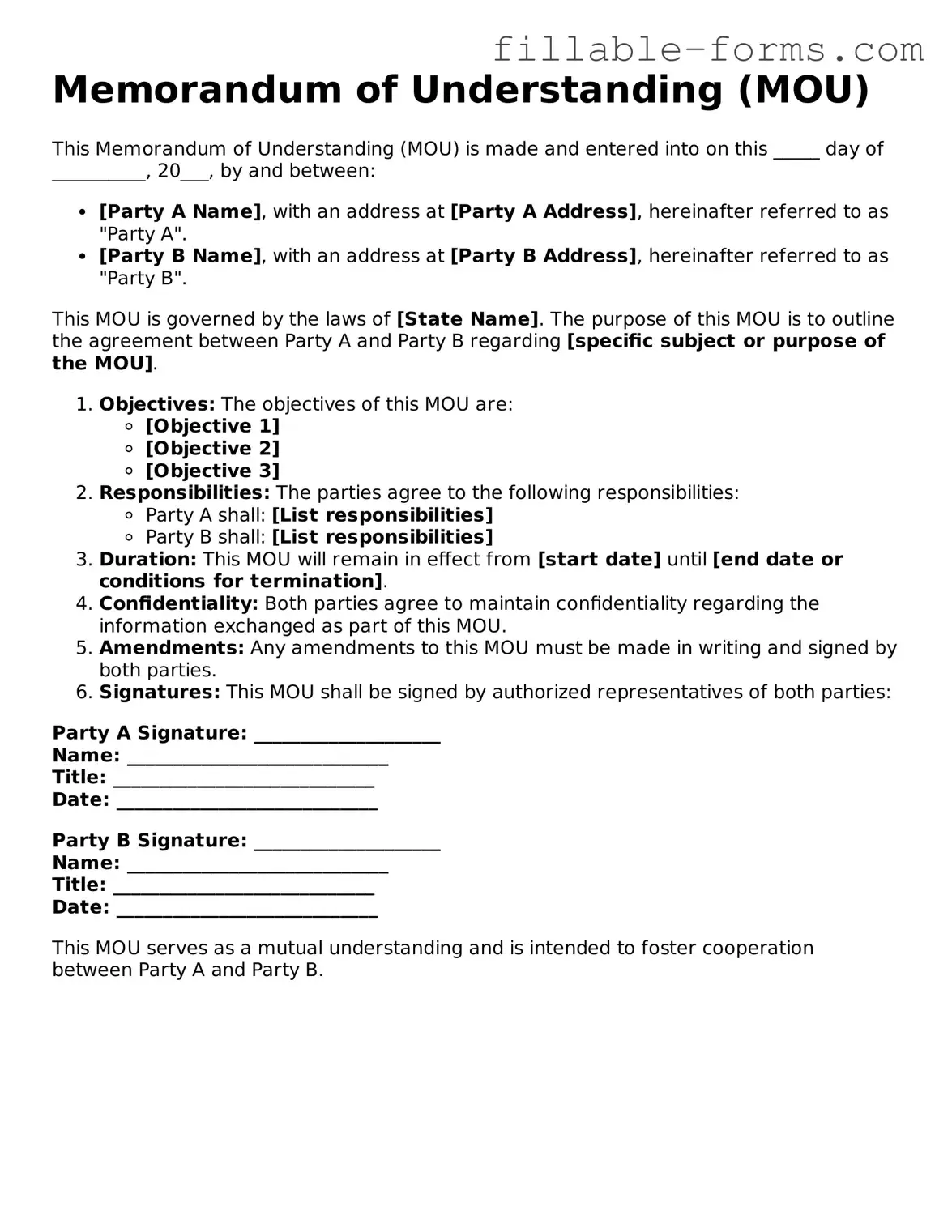 Printable Memorandum of Understanding Form