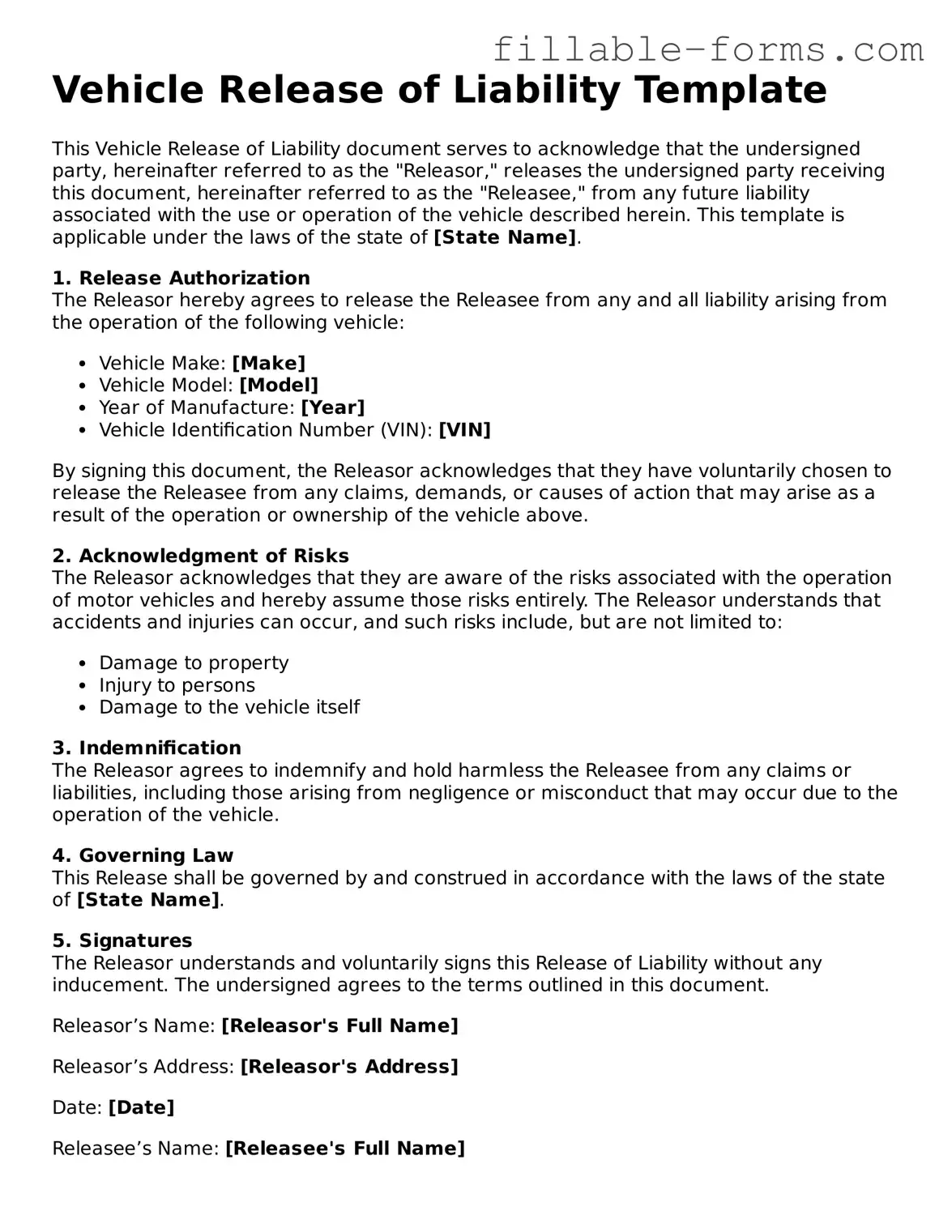 Printable Vehicle Release of Liability Form