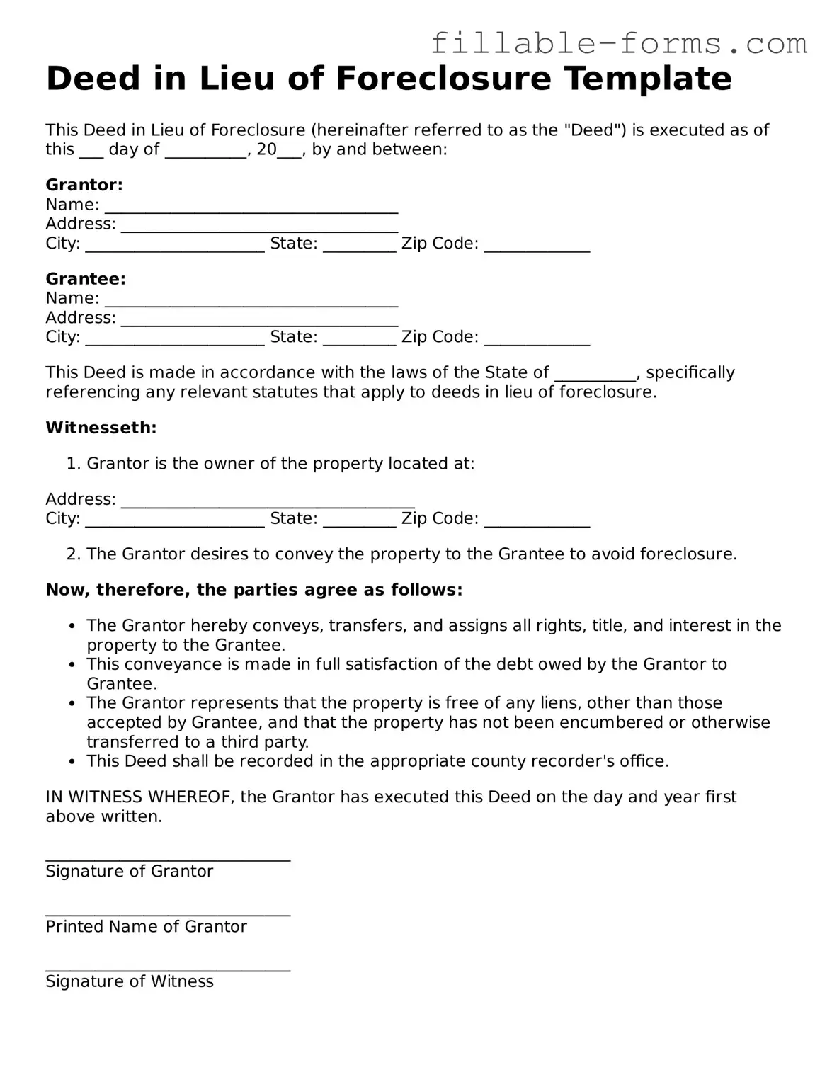 Printable Deed in Lieu of Foreclosure Form