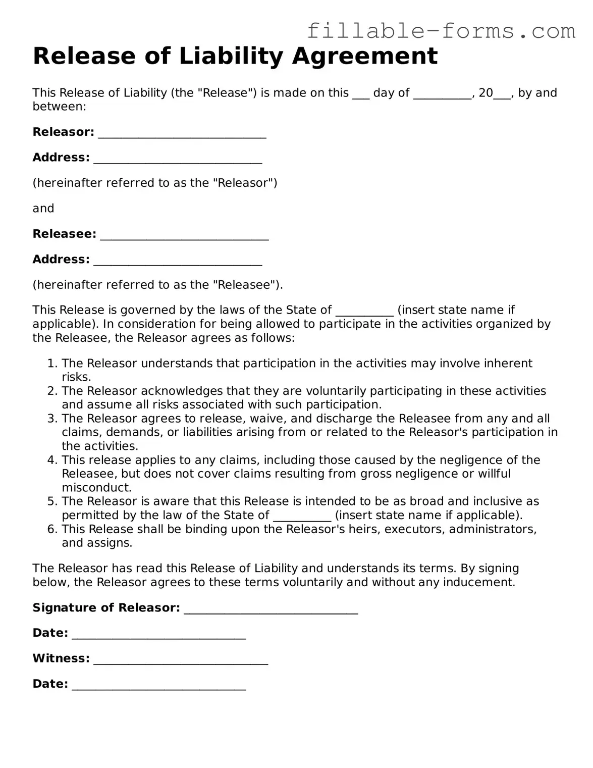 Printable Release of Liability Form