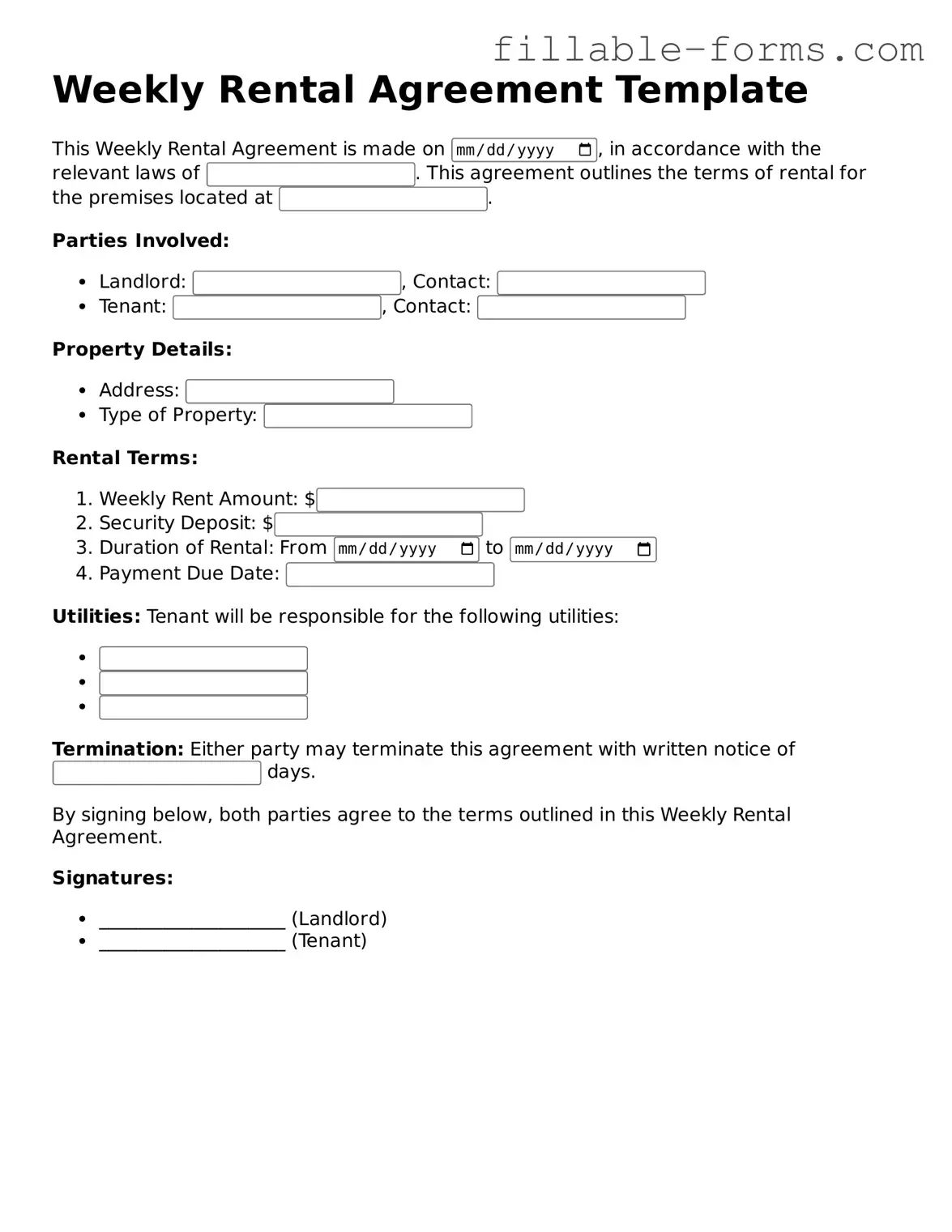 Printable Weekly Rental Agreement Form
