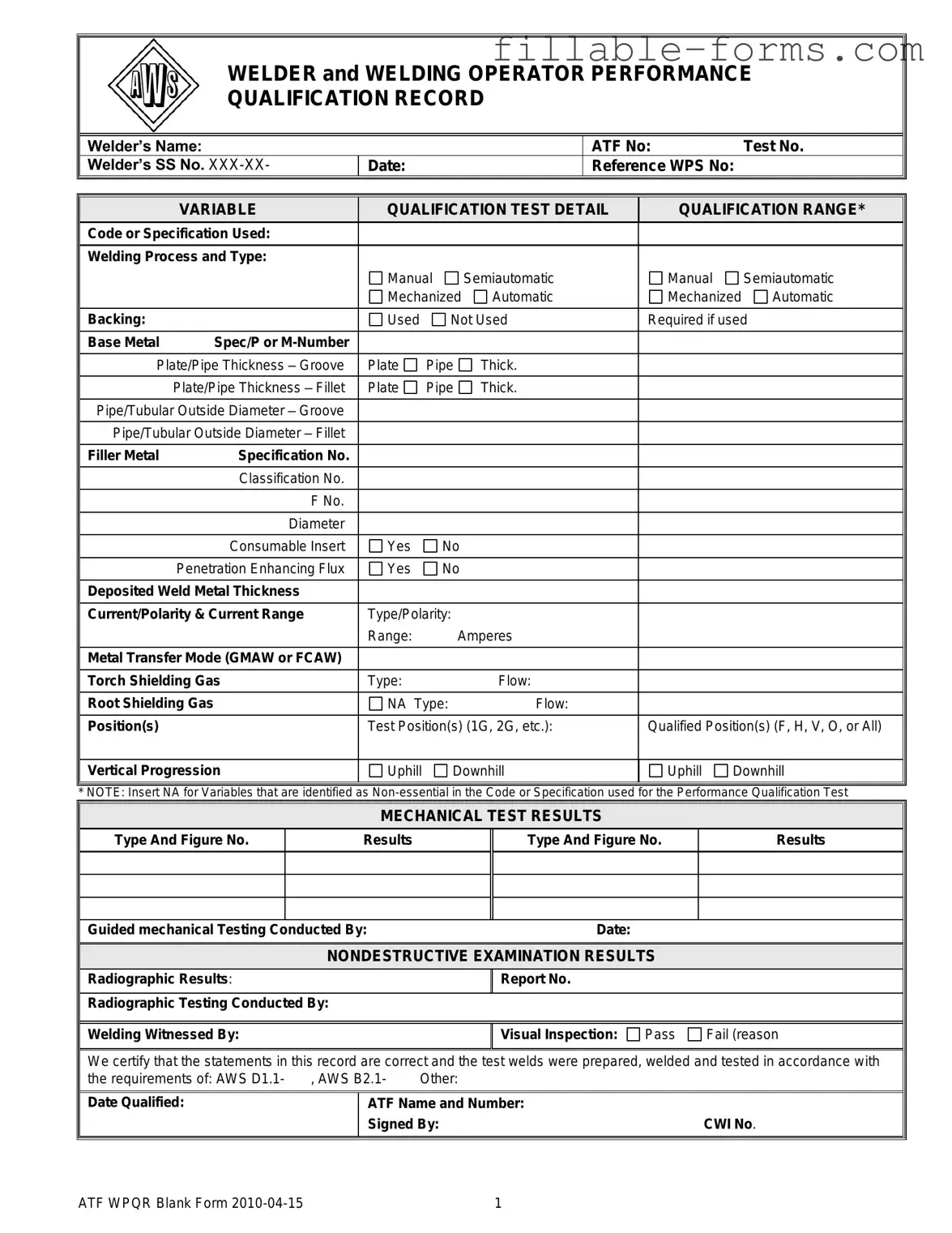 Fill Out a Valid Welder Performance Qualification Record Template